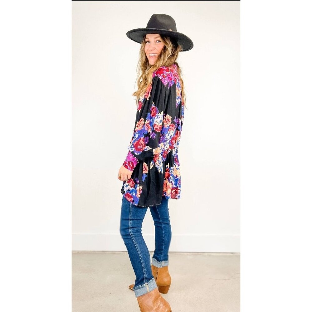 Free People Black Pink floral shirt size Small Oversized